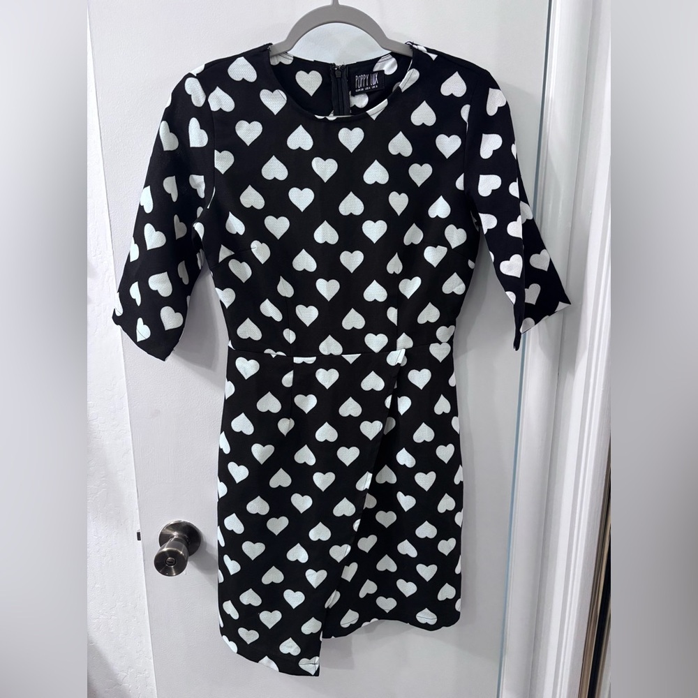 Retro Modern Black Dress with White Hearts and Asymmetrical Hem